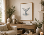 A framed whale tail art print hangs on a beige wall above a wooden console table in a styled living room with plants, a lamp, and a sofa.