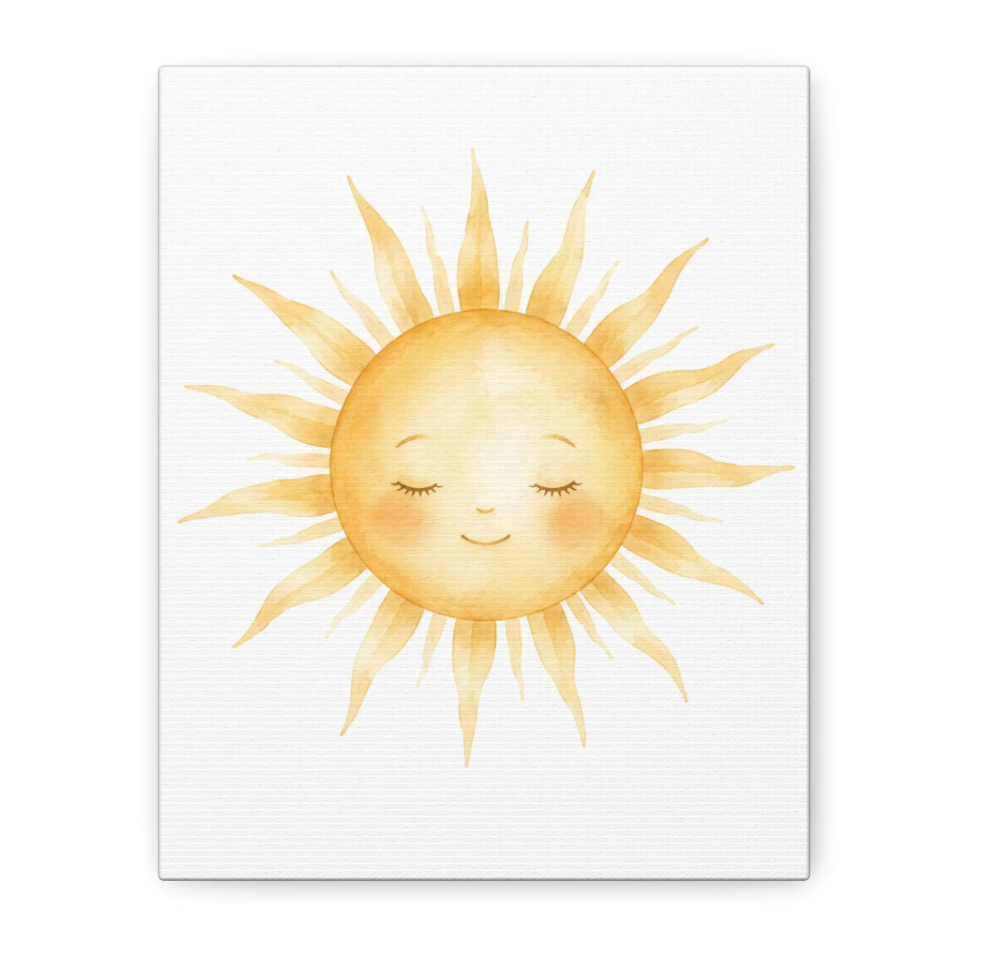 Sleeping Sun Canvas Wall Art, Watercolor Sunshine Print, Kids Room Decor, Playroom Wall Art, Neutral Christian Decor