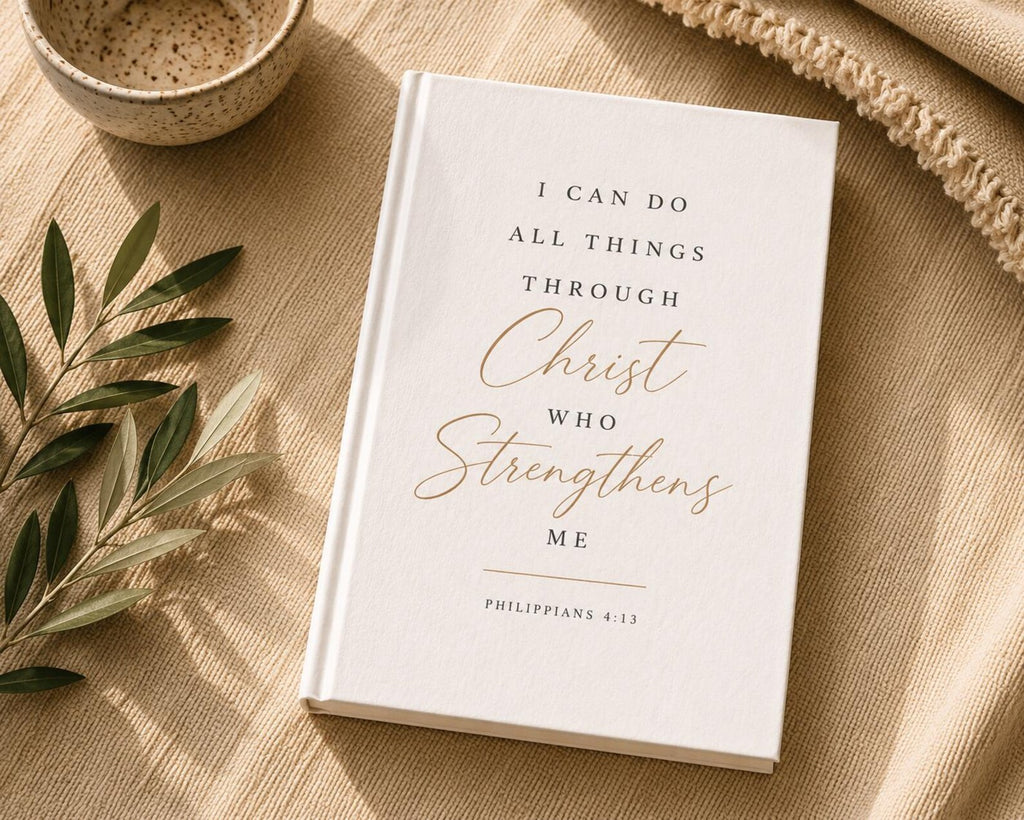 A white hardcover Bible or book with gold and black text reading 'I CAN DO ALL THINGS THROUGH Christ WHO Strengthens ME PHILIPPIANS 4:13', styled on a beige fabric surface with a small bowl, leafy branch, and knit textile nearby.