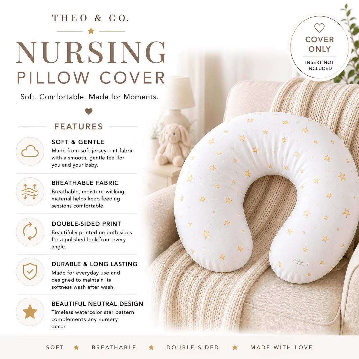 Neutral Star Nursing Pillow Cover | Soft Jersey Knit Breastfeeding Pillow Cover | Gender Neutral Baby Shower Gift