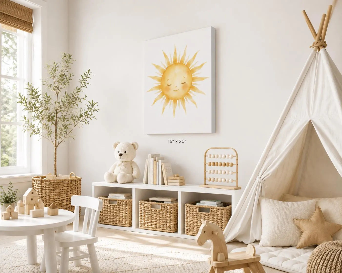 Sleeping Sun Canvas Wall Art, Watercolor Sunshine Print, Kids Room Decor, Playroom Wall Art, Neutral Christian Decor