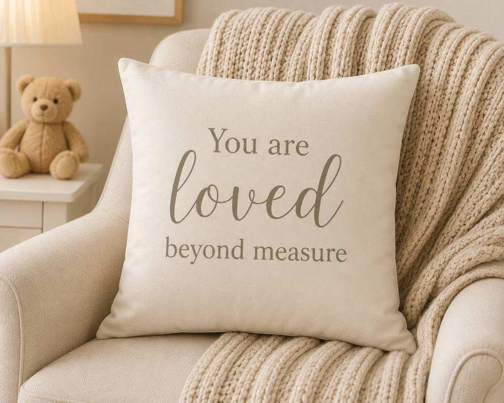 You Are Loved Beyond Measure Ivory Pillow | Neutral Nursery Throw Pillow | Christian Baby Room Decor | Theo & Co. Creation Collection