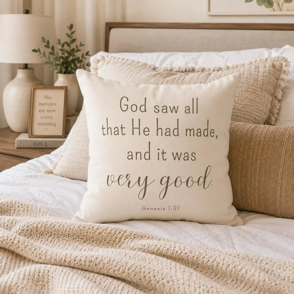Genesis 1:31 Scripture Faux Suede Throw Pillow Decor | Neutral Christian Nursery Accent | Faith Inspired Home Gift Creation Collection
