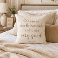 Genesis 1:31 Scripture Faux Suede Throw Pillow Decor | Neutral Christian Nursery Accent | Faith Inspired Home Gift Creation Collection