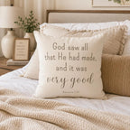 Genesis 1:31 Scripture Faux Suede Throw Pillow Decor | Neutral Christian Nursery Accent | Faith Inspired Home Gift Creation Collection