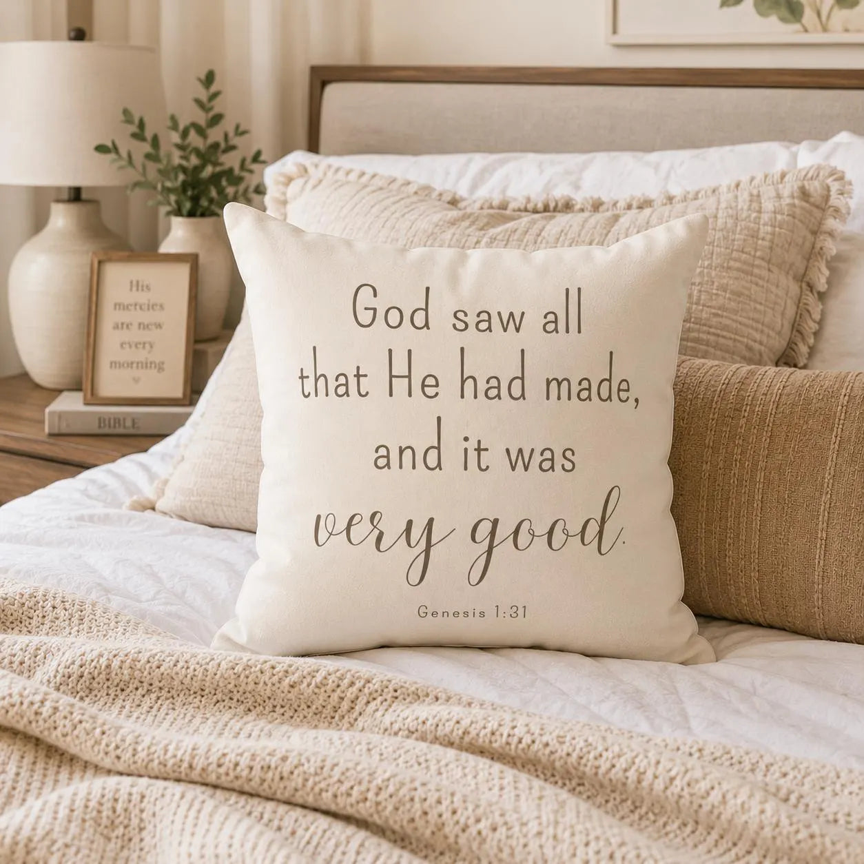 Genesis 1:31 Scripture Faux Suede Throw Pillow Decor | Neutral Christian Nursery Accent | Faith Inspired Home Gift Creation Collection