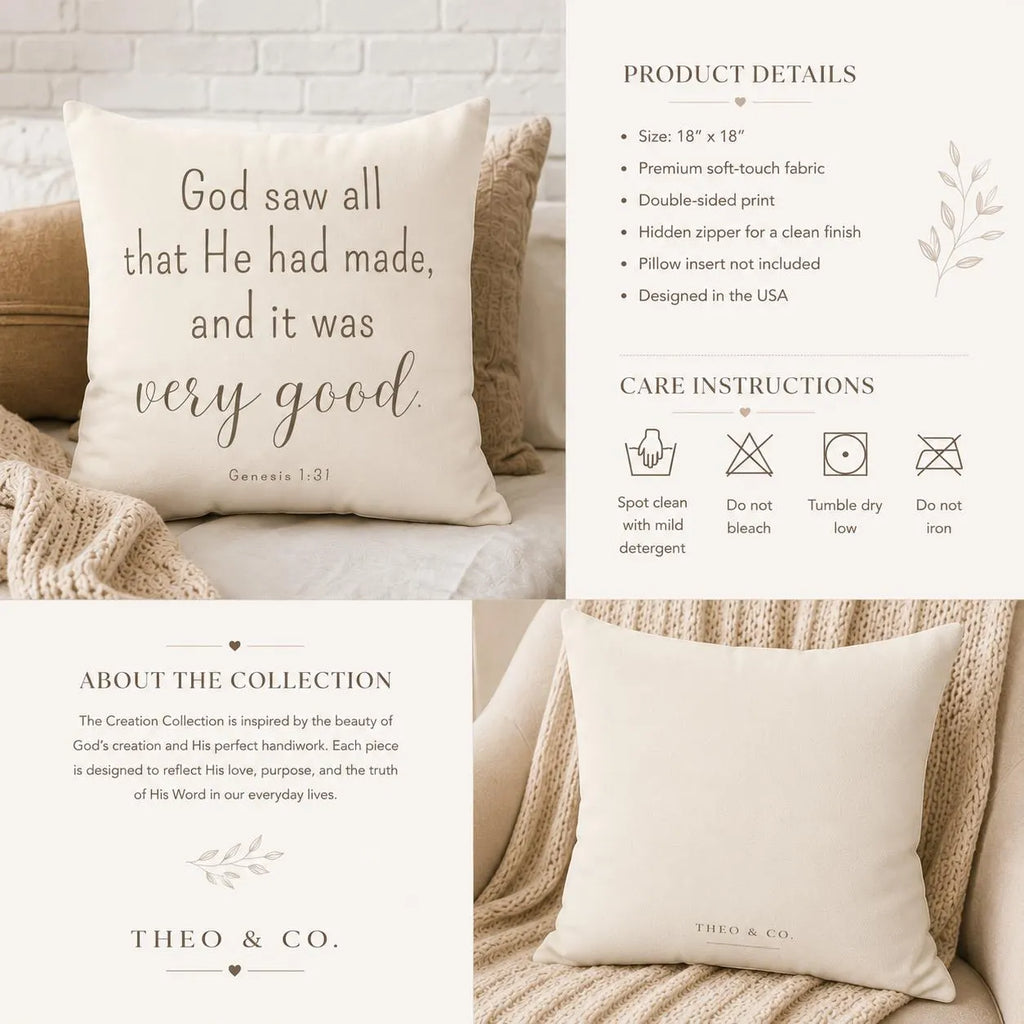 Genesis 1:31 Scripture Faux Suede Throw Pillow Decor | Neutral Christian Nursery Accent | Faith Inspired Home Gift Creation Collection