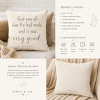 Genesis 1:31 Scripture Faux Suede Throw Pillow Decor | Neutral Christian Nursery Accent | Faith Inspired Home Gift Creation Collection