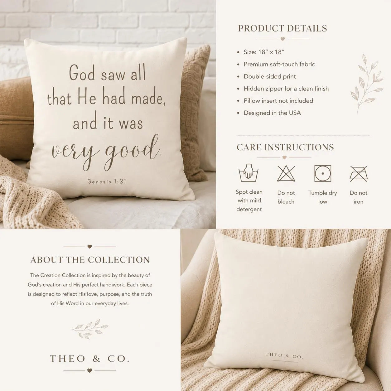 Genesis 1:31 Scripture Faux Suede Throw Pillow Decor | Neutral Christian Nursery Accent | Faith Inspired Home Gift Creation Collection