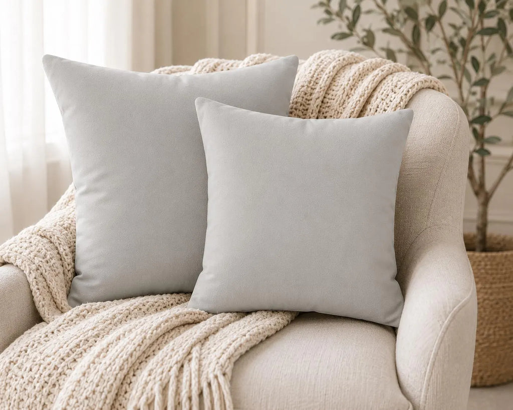 Neutral Gray Faux Suede Throw Pillow | Soft Decorative Accent Cushion | Minimalist Nursery Decor | Modern Home Pillow | Theo & Co.