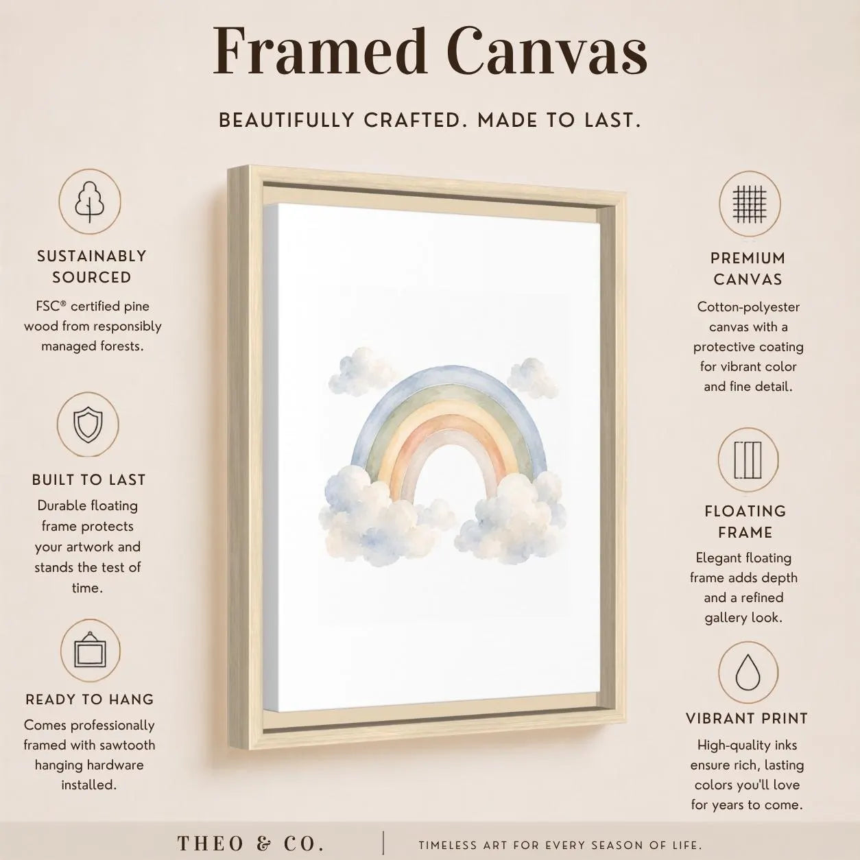 Rainbow Vertical Wall Art – Boho Cloud Nursery Framed Canvas