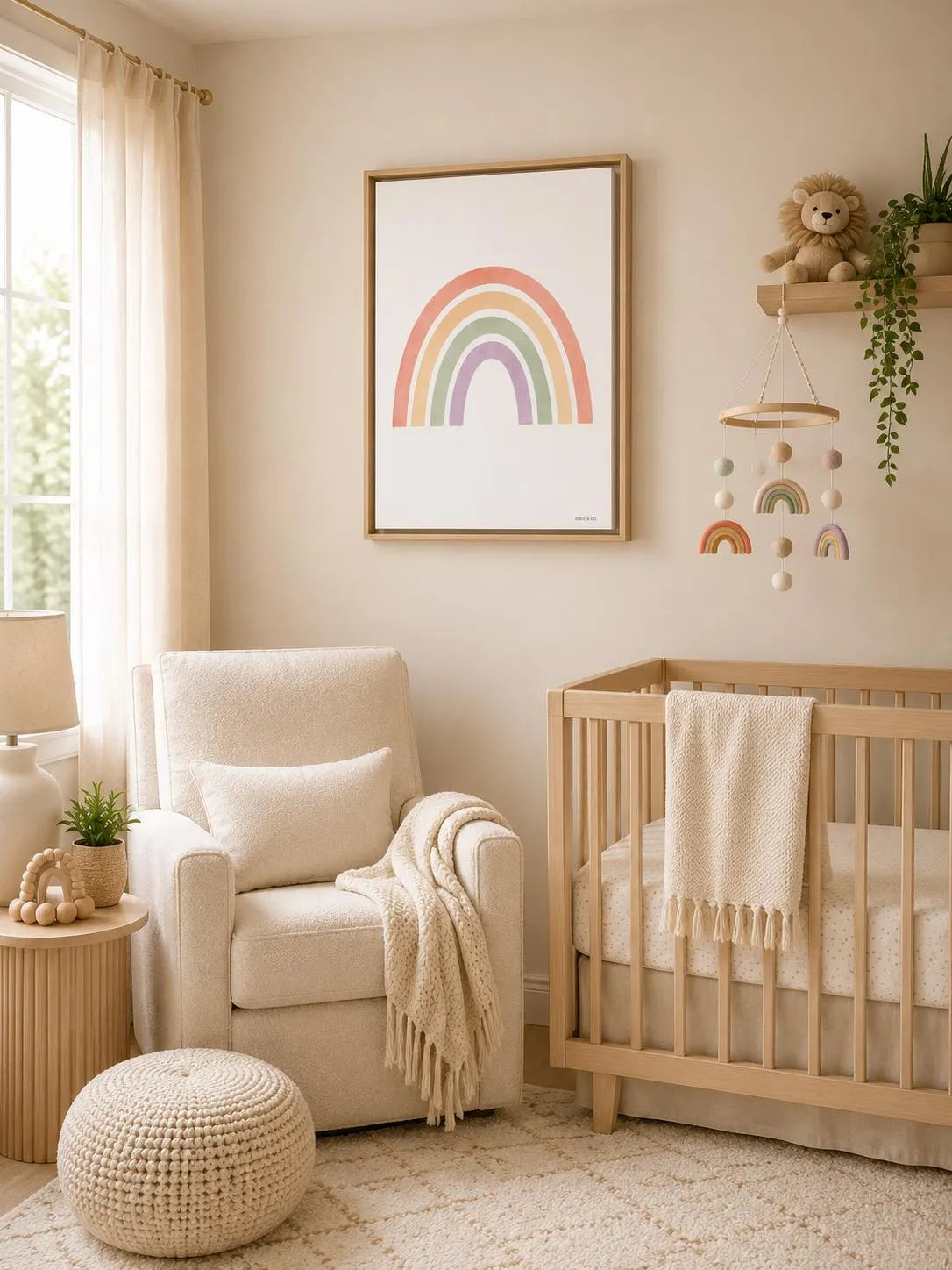 A styled nursery interior with a framed rainbow wall print above a light wood crib, next to a cream upholstered armchair, woven pouf, side table, and soft neutral decor.