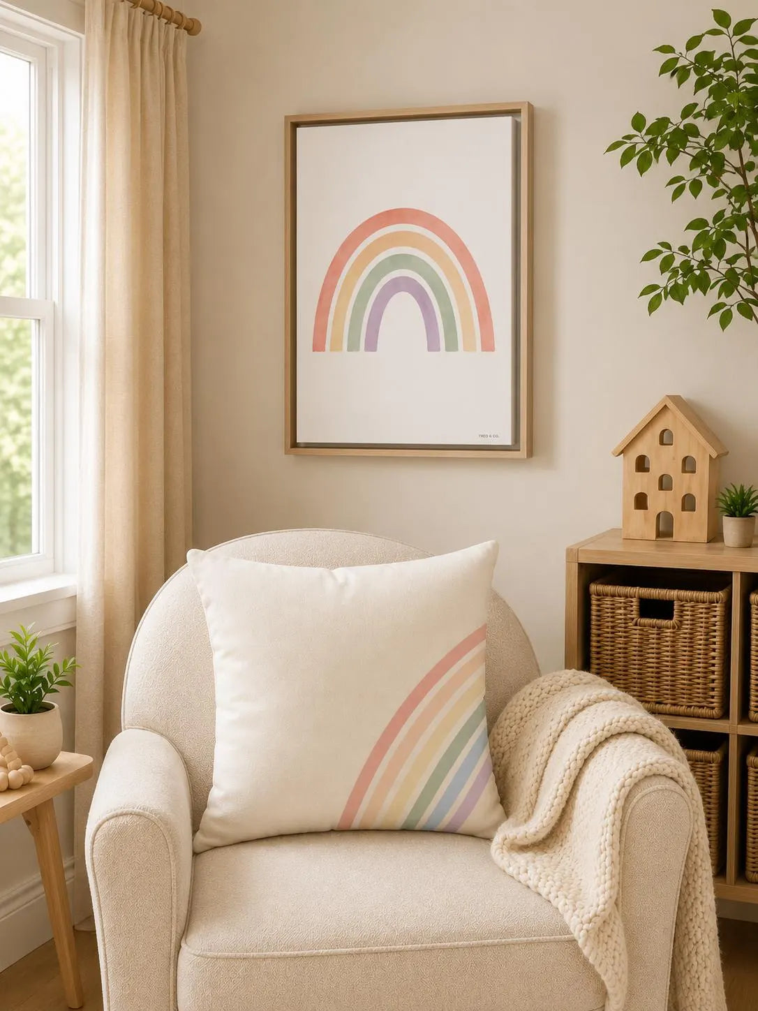 A framed pastel rainbow wall art print hangs above a cream armchair in a softly styled room. The chair has a matching throw pillow with a diagonal rainbow stripe pattern, and the scene includes a window, curtains, a small side table, basket bins, and a wooden house decor piece.