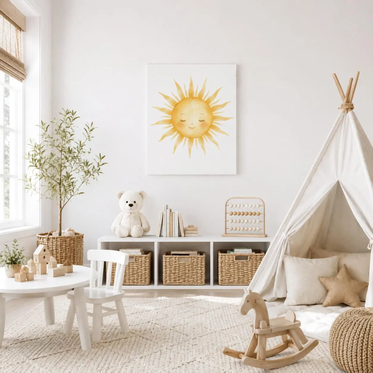 Sleeping Sun Canvas Wall Art, Watercolor Sunshine Print, Kids Room Decor, Playroom Wall Art, Neutral Christian Decor