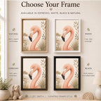 A framed flamingo wall art set shown in four frame color options: natural wood, white, espresso wood, and black. The image includes marketing text such as 'Choose Your Frame' and labels for the frame finishes, with a styled interior scene including a window, plant, teddy bear, and lamp.