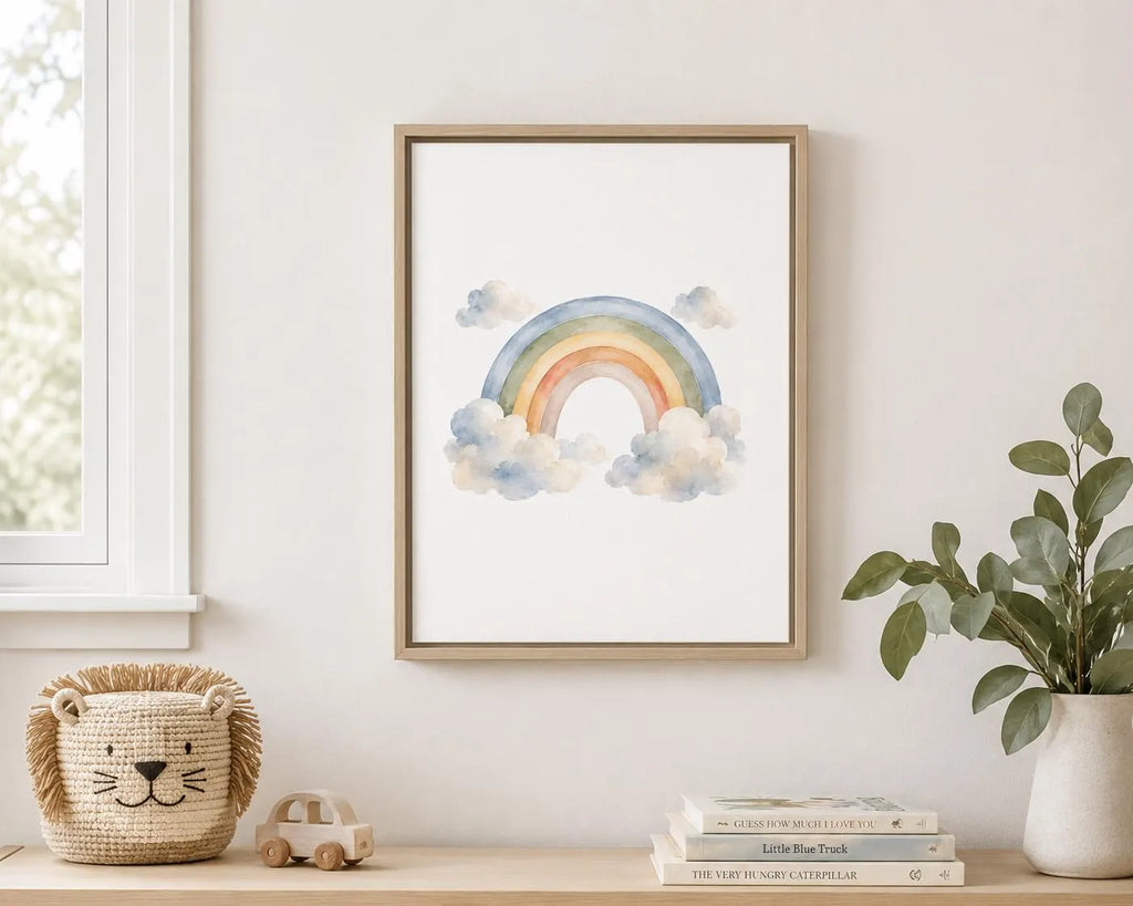 Rainbow Vertical Wall Art – Boho Cloud Nursery Framed Canvas