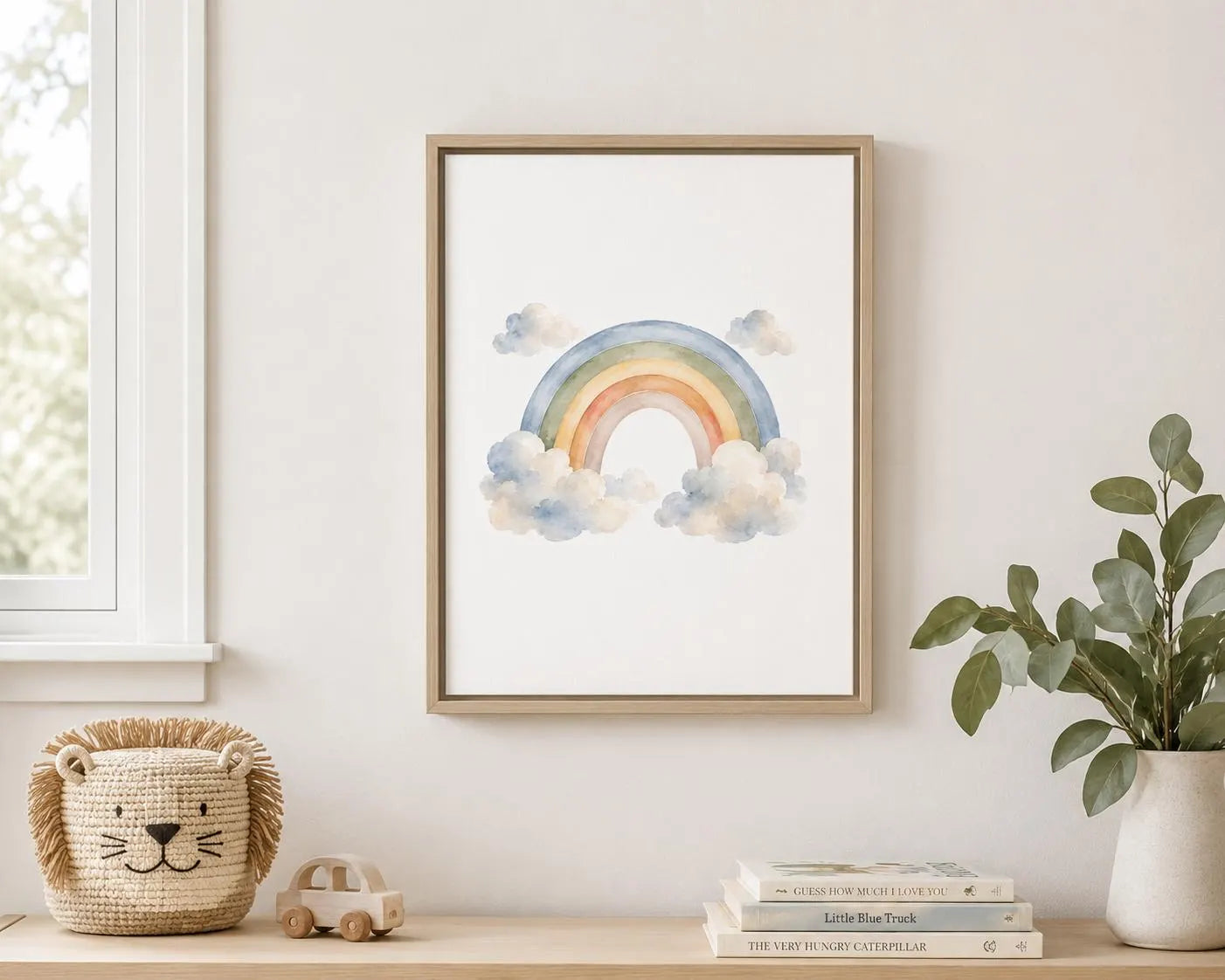 Rainbow Vertical Wall Art – Boho Cloud Nursery Framed Canvas