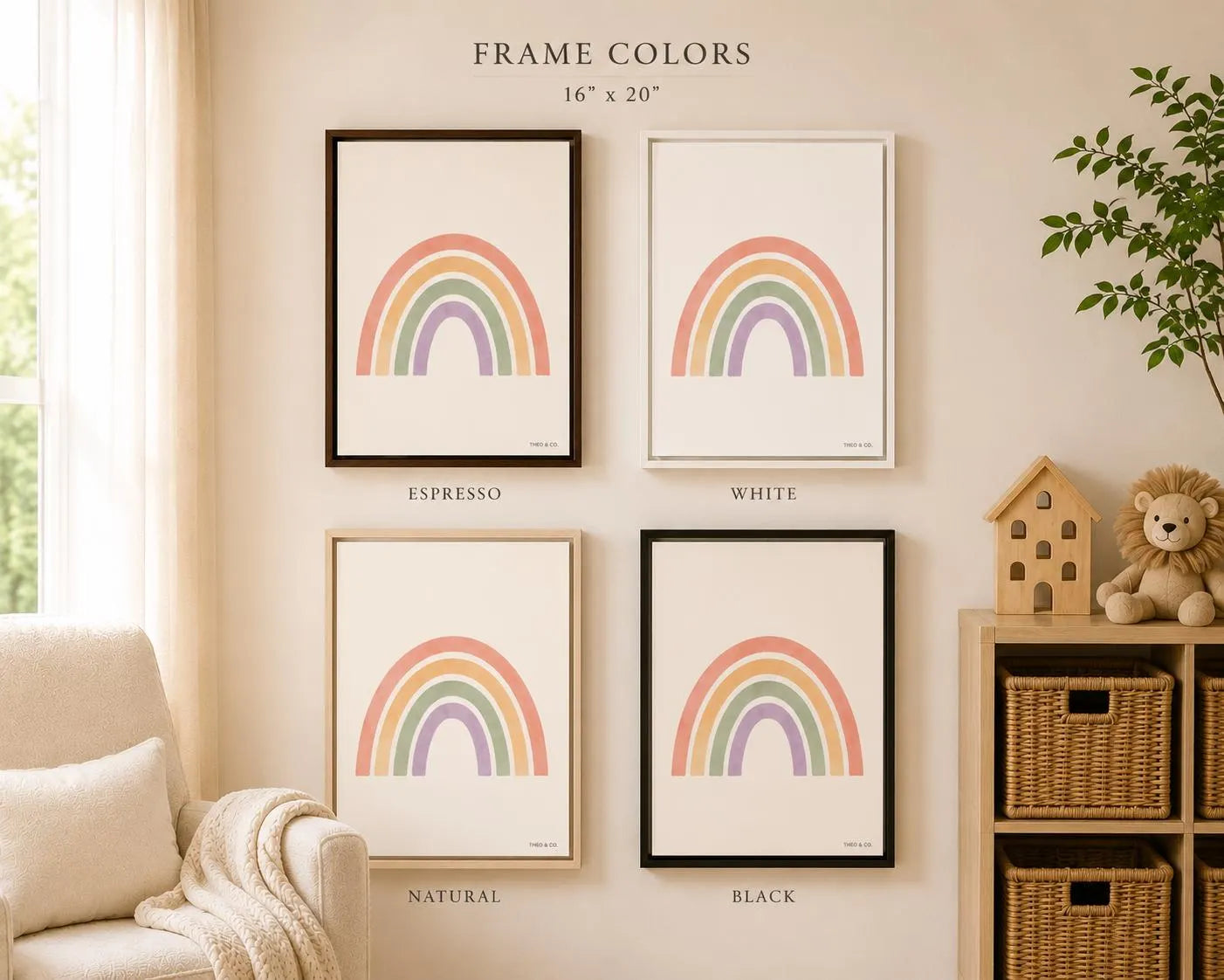 Four framed pastel rainbow art prints displayed on a beige wall in a styled room, labeled Espresso, White, Natural, and Black frame colors. A chair, plant, and wooden shelf are visible.