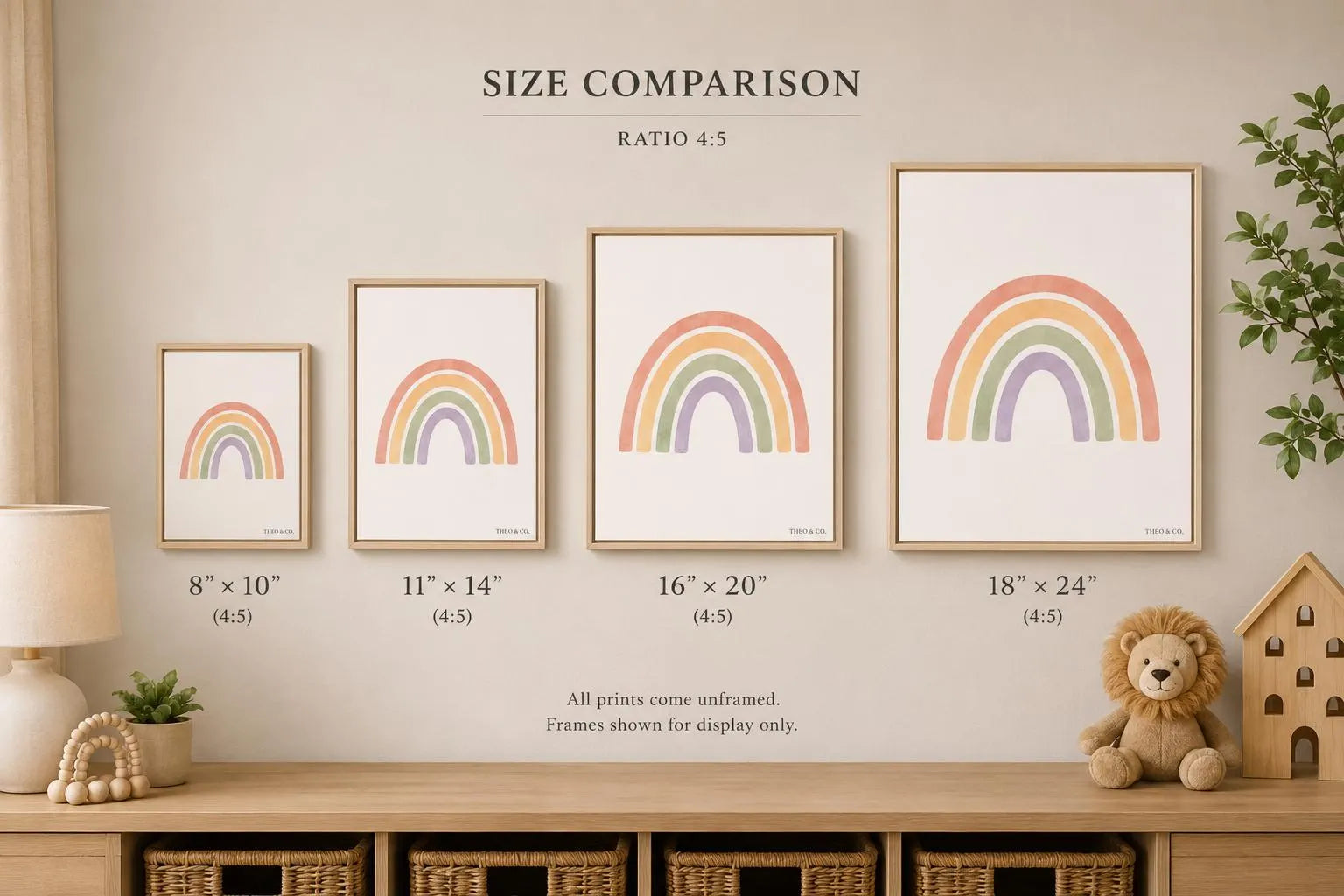 A size comparison chart showing four framed pastel rainbow prints of increasing size mounted on a beige wall above a wooden shelf with toys and a small house decor. Text at the top reads 'SIZE COMPARISON RATIO 4:5' with dimensions listed under each print.