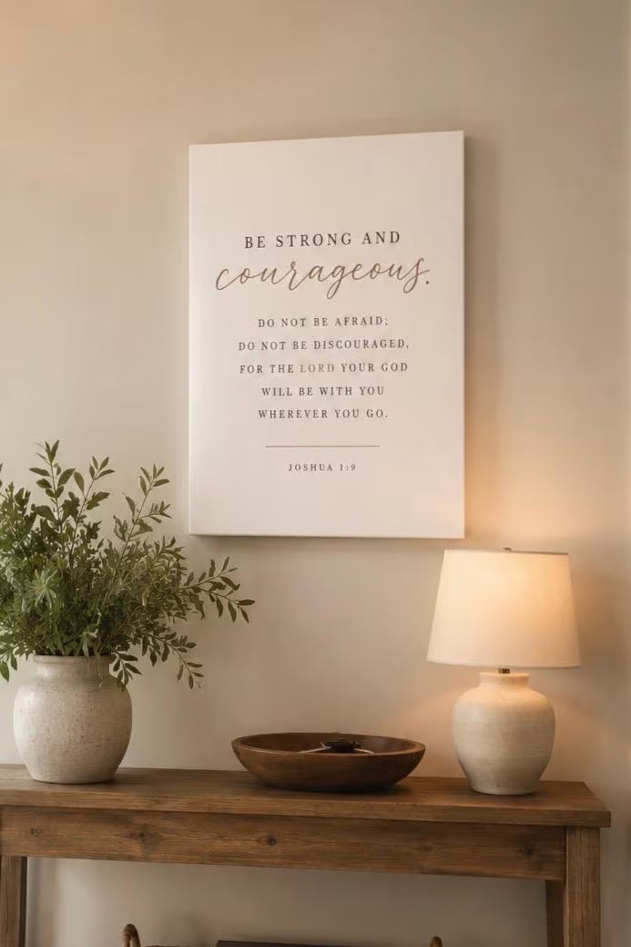 Joshua 1:9 Christian Canvas Wall Art | Be Strong and Courageous Bible Verse | Entryway Scripture Decor | Modern Christian Home Decor