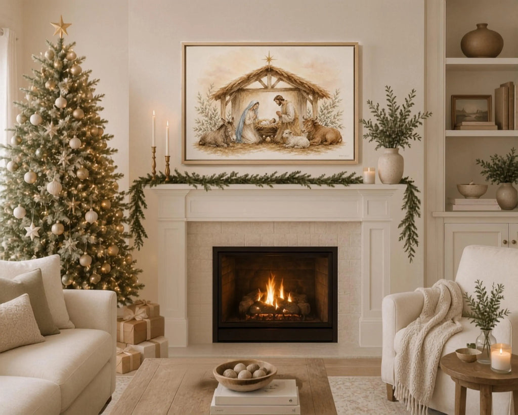 A framed nativity painting hangs above a fireplace in a cozy living room decorated with a Christmas tree, candles, and a fireplace.