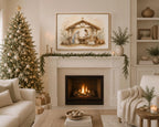 A framed nativity painting hangs above a fireplace in a cozy living room decorated with a Christmas tree, candles, and a fireplace.