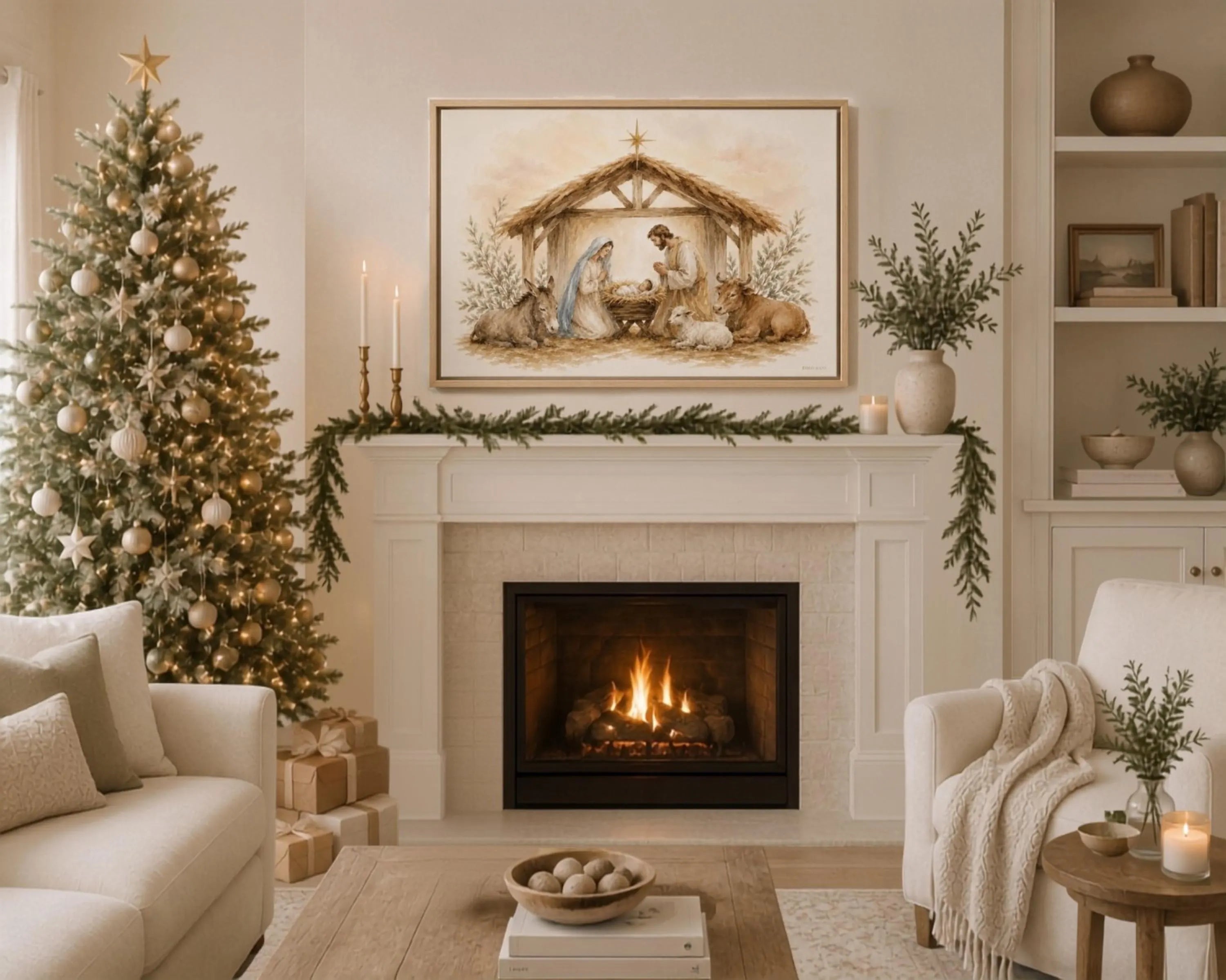 A framed nativity painting hangs above a fireplace in a cozy living room decorated with a Christmas tree, candles, and a fireplace.