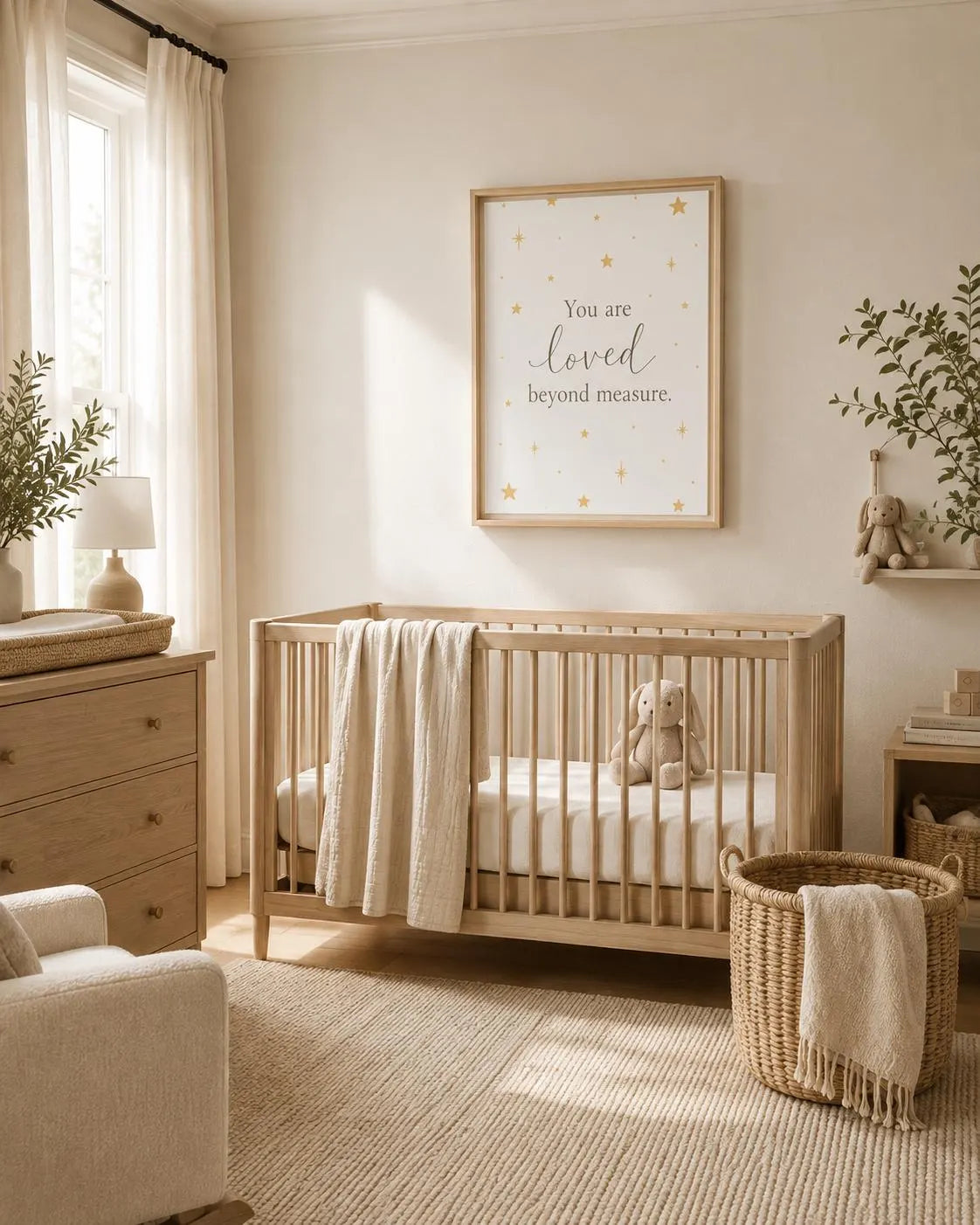 A styled nursery room featuring a light natural wood crib with a cream blanket, a wooden dresser, and a framed wall art print that reads 'You are loved beyond measure' with gold stars.