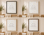 A four-panel collage showing framed nursery wall art above a crib. The print reads 'You are loved beyond measure.